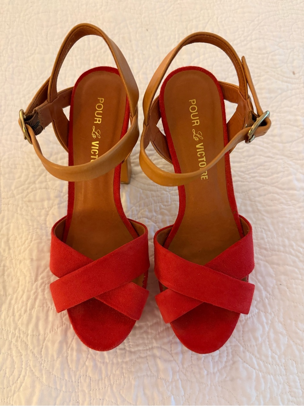 Pour La Victoire Coral Suede Crisscross Sandals with Tan Ankle Straps